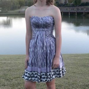 Strapless patterned, purple cocktail dress